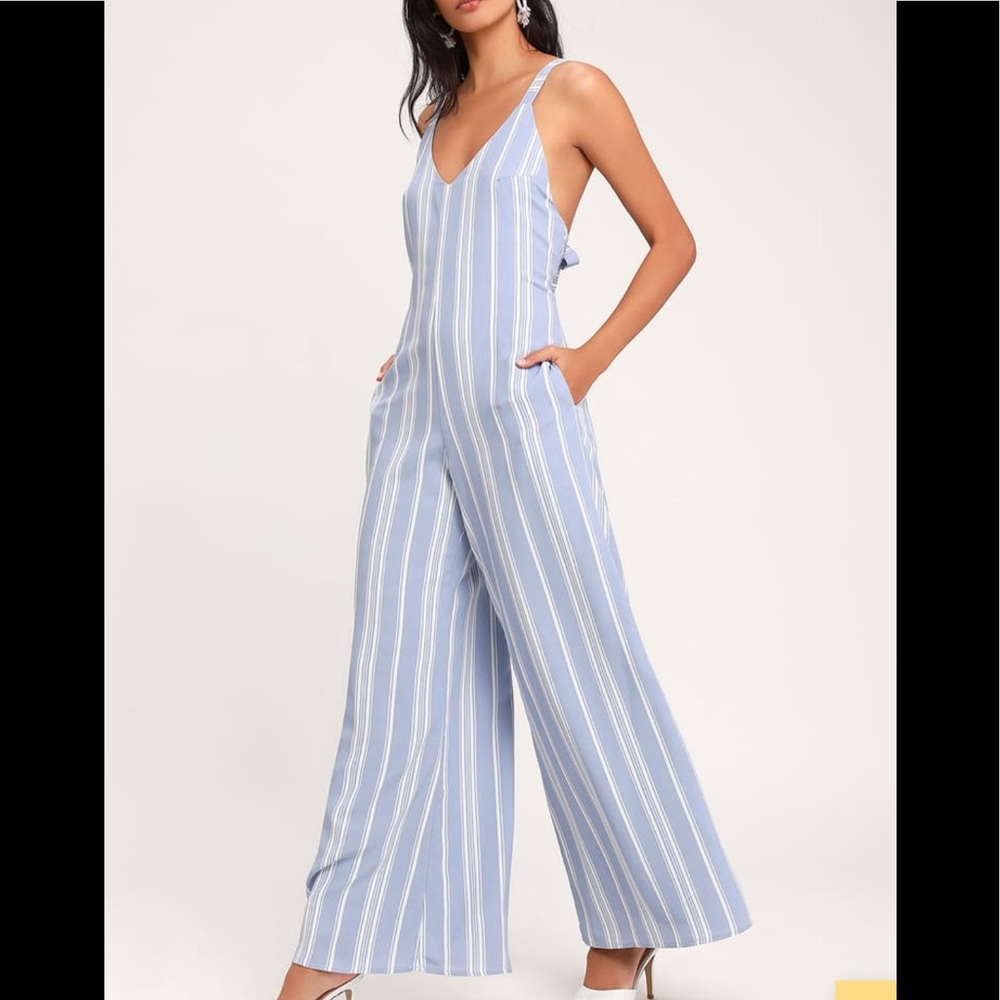 Lulu's Blue and White Striped Wide-Leg Jumpsuit